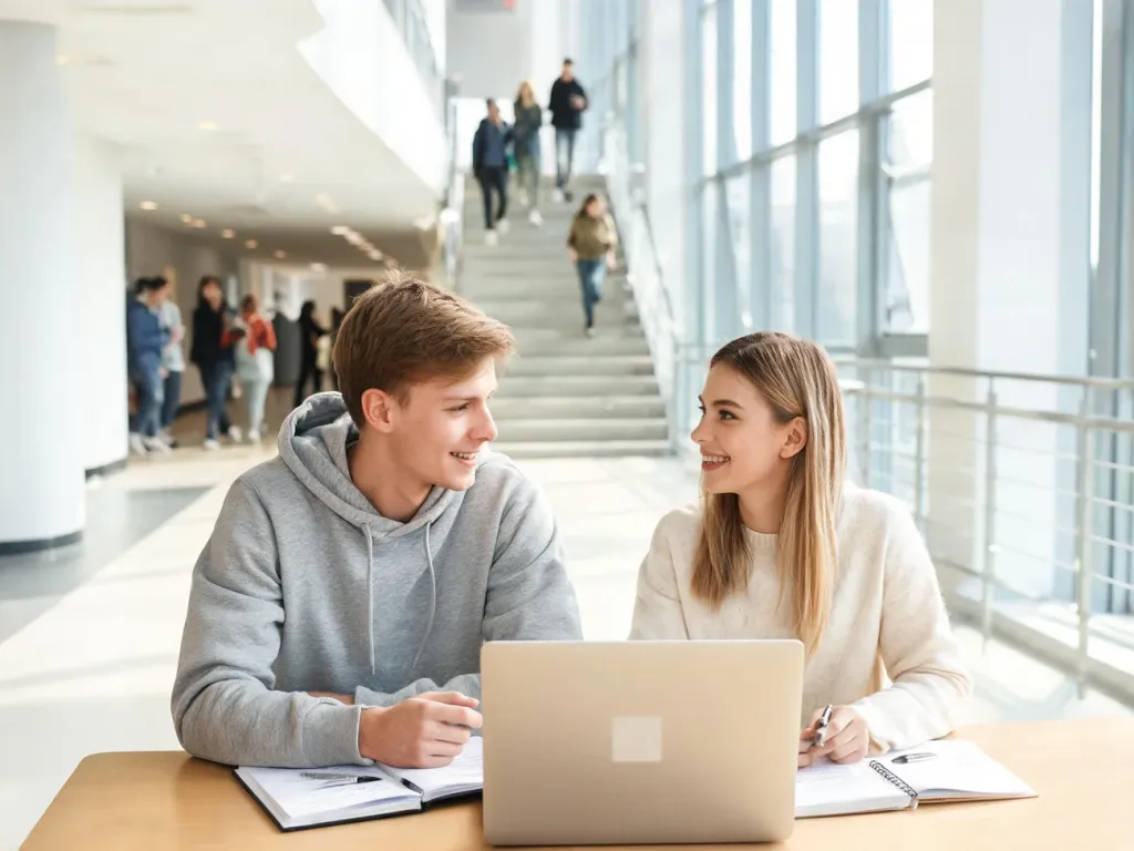 Dwójka młodych studentów pewnie rozmawia i uczy się na nowoczesnym kampusie, symbolizując możliwość studiów po zawodówce.