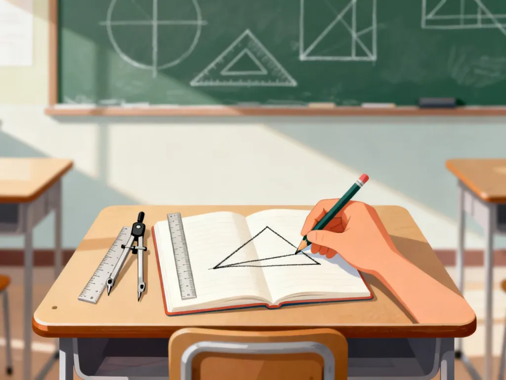 Uczeń rysuje trójkąt z równoległą prostą w zeszycie matematycznym, na biurku leżą linijka, ołówek i cyrkiel