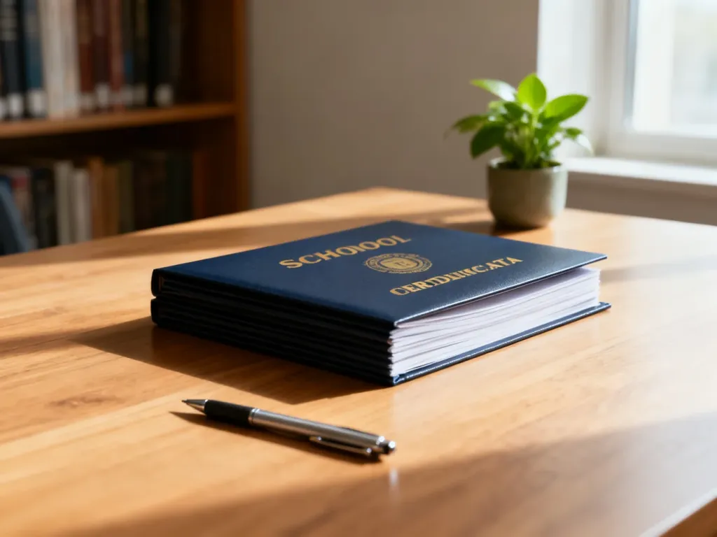 Świadectwo ukończenia szkoły średniej leżące na drewnianym biurku, symbolizujące sukces edukacyjny i nowe możliwości.