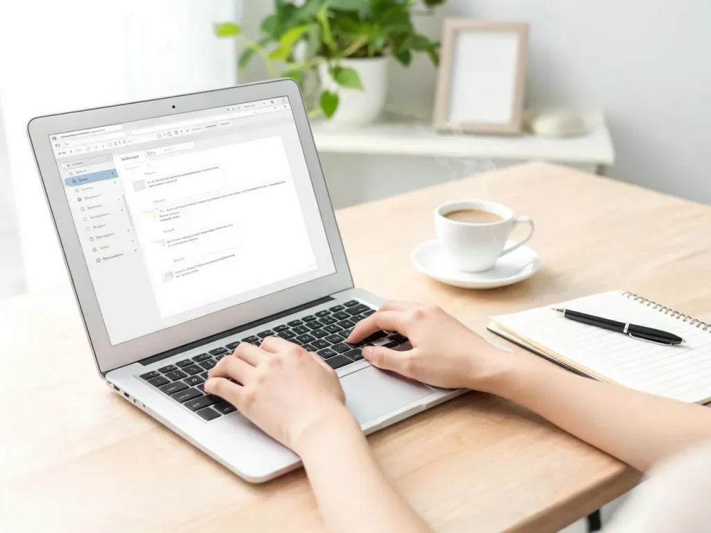 Osoba pisze uprzejmy e-mail po angielsku na laptopie przy biurku z kawą, notatnikiem i długopisem w jasnym biurze.