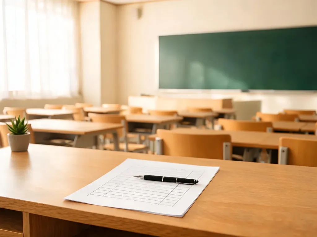 Biurko nauczyciela z formularzem oceny pracy i długopisem w jasnej klasie, podkreślające formalny, profesjonalny charakter oceniania.