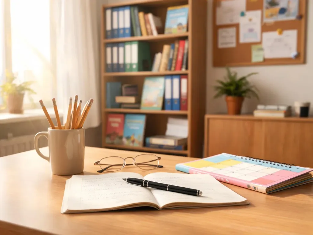 Przytulny gabinet pedagoga, na biurku otwarty dziennik z notatkami, planer i przybory, podkreślające uporządkowaną pracę.