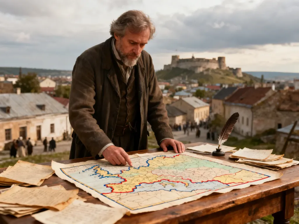Historyk bada starą mapę Europy Wschodniej, symbolizując polityczne i społeczne skutki powstania kozackiego.
