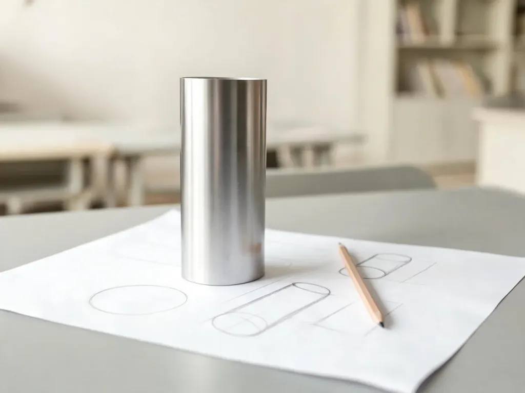 Metalowy walec na kartce z prostymi szkicami geometrycznymi i ołówkiem, symbolizujący obliczanie objętości walca