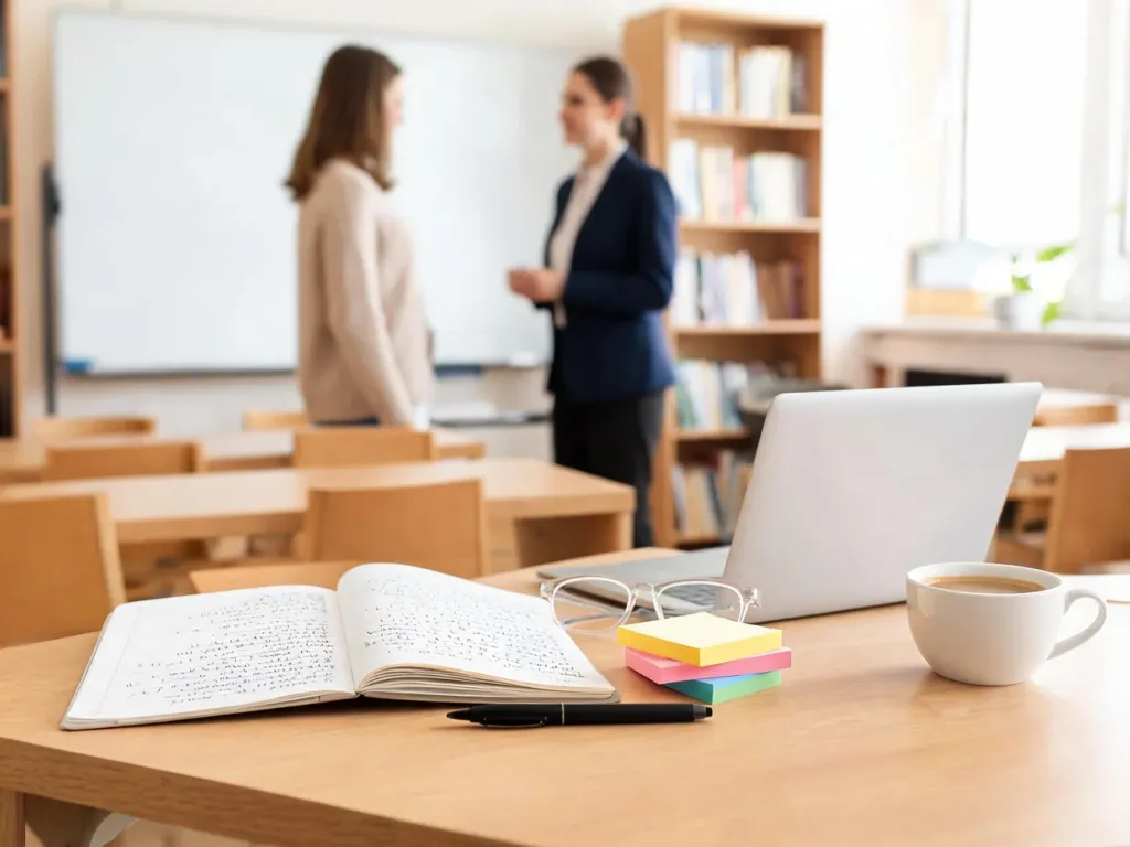 Otwarty dziennik praktyk z notatkami na biurku w klasie, obok długopis i karteczki; w tle studentka rozmawia z nauczycielką.