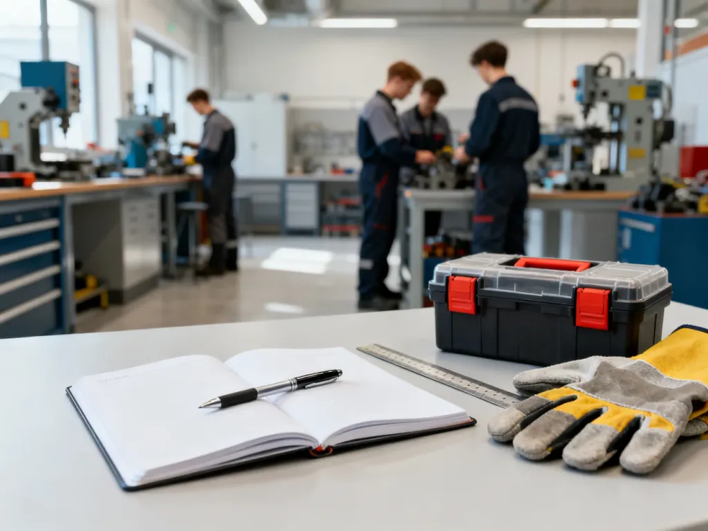Biurko z notesem i rękawicami ochronnymi na tle nowoczesnej pracowni zawodowej, uczniowie pracują przy sprzęcie technicznym.
