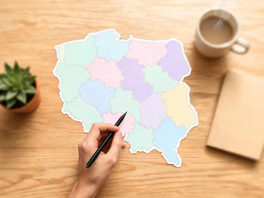 Mapa Polski na biurku, dłoń z długopisem wskazuje środek kraju, pastelowe zarysy województw, domowe tło.