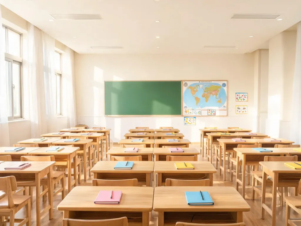 Jasna, uporządkowana sala lekcyjna szkoły podstawowej z pustymi ławkami, przyborami szkolnymi i tablicą w tle.