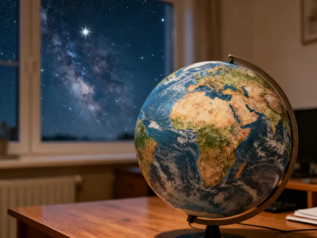 Oświetlony globus Ziemi na biurku na tle nocnego nieba pełnego gwiazd, podkreślający miejsce Ziemi we wszechświecie.