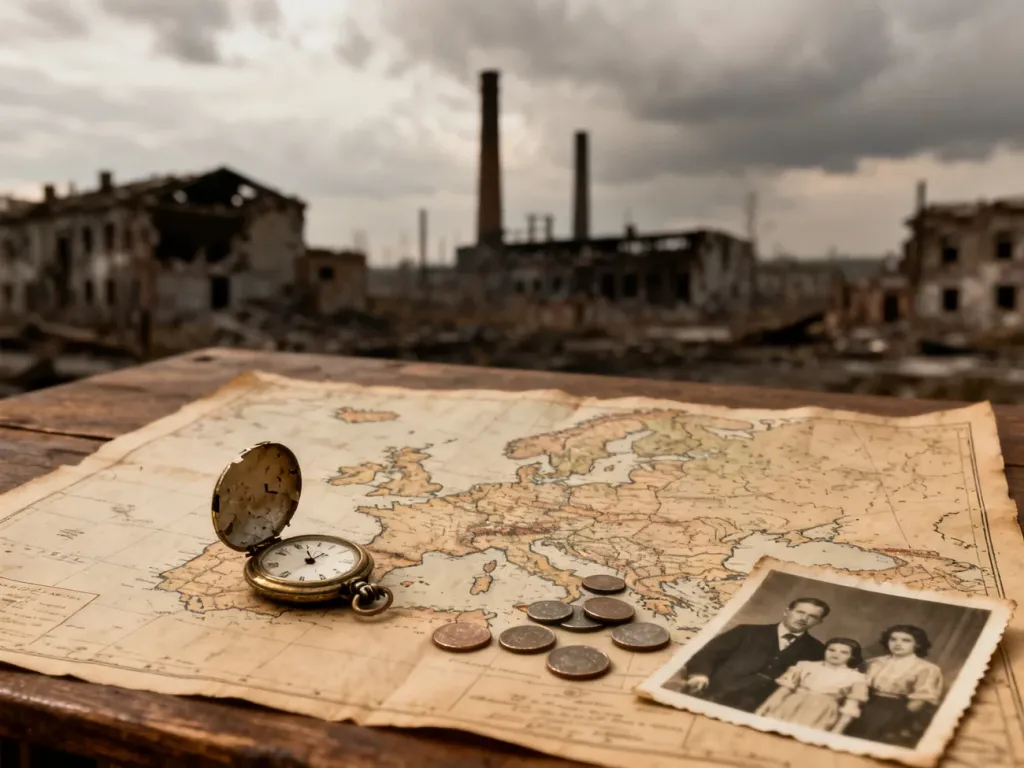Stara mapa Europy z zegarkiem, monetami i fotografią na tle zniszczonych budynków, symbolizująca skutki I wojny światowej.