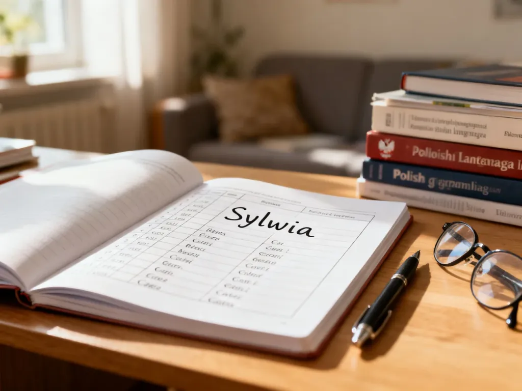 Zeszyt do gramatyki z imieniem „Sylwia” odmienianym przez przypadki, na biurku obok długopisu i okularów.