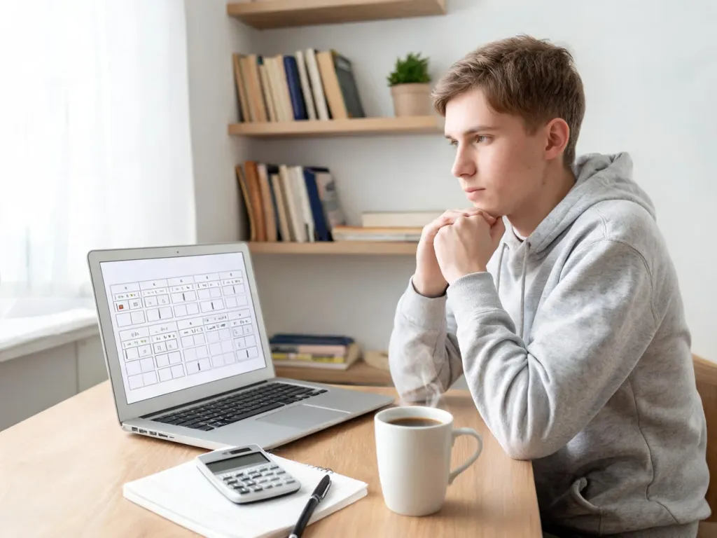 Student przy biurku analizuje tabelę ocen na laptopie, z kalkulatorem i notatnikiem, przygotowując się do obliczania średniej.