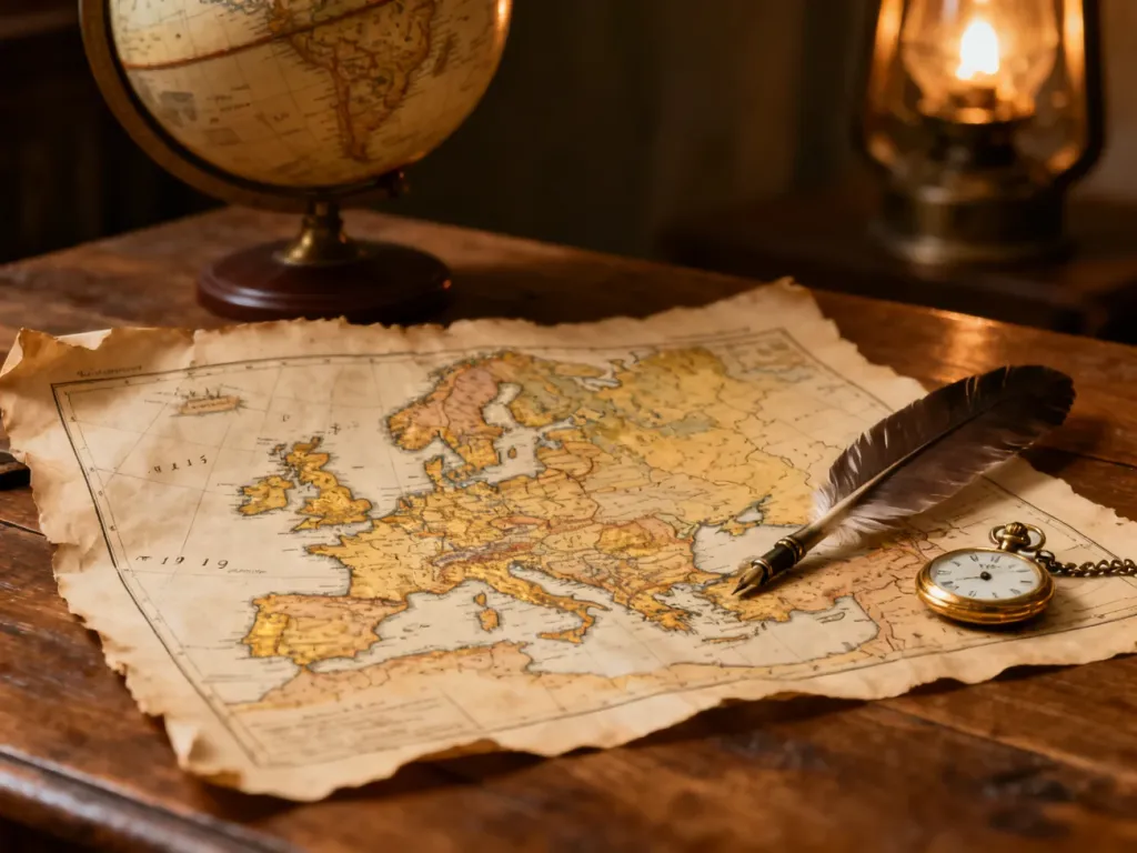 Stara mapa Europy z XIX wieku z piórem i zegarkiem kieszonkowym, symbolizująca skutki rewolucji lutowej.
