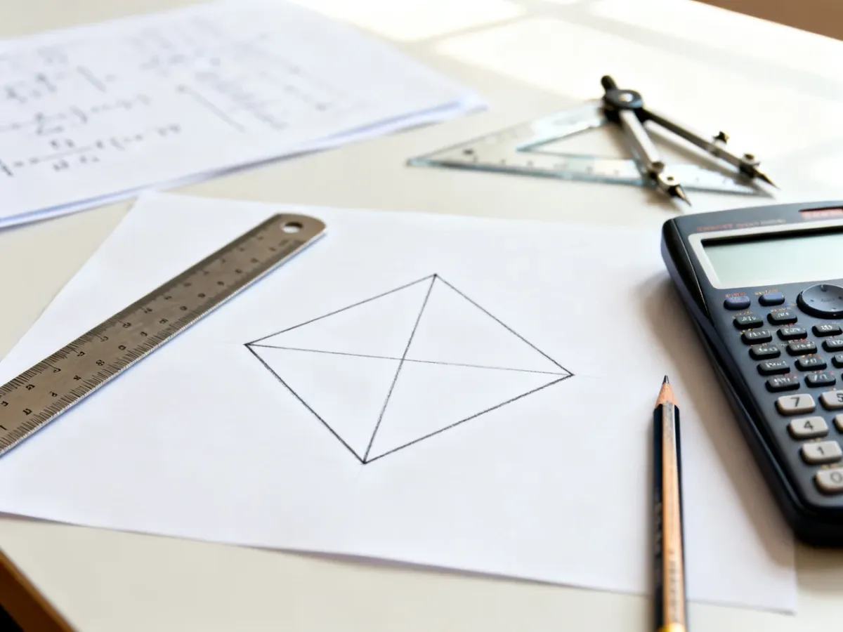 Kartka z narysowanym rombem, obok linijka, ołówek i kalkulator, w tle notatki z matematyki i przyrządy geometryczne.
