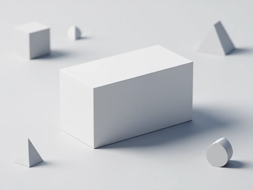 Biały prostopadłościan 3D na jasnym tle z miękkimi cieniami, ilustracja pomocnicza do obliczania pola powierzchni całkowitej.
