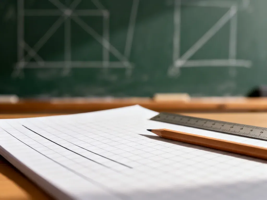 Kartka w kratkę z narysowaną prostą, obok ołówek i linijka; w tle rozmyta tablica z figurami geometrycznymi.
