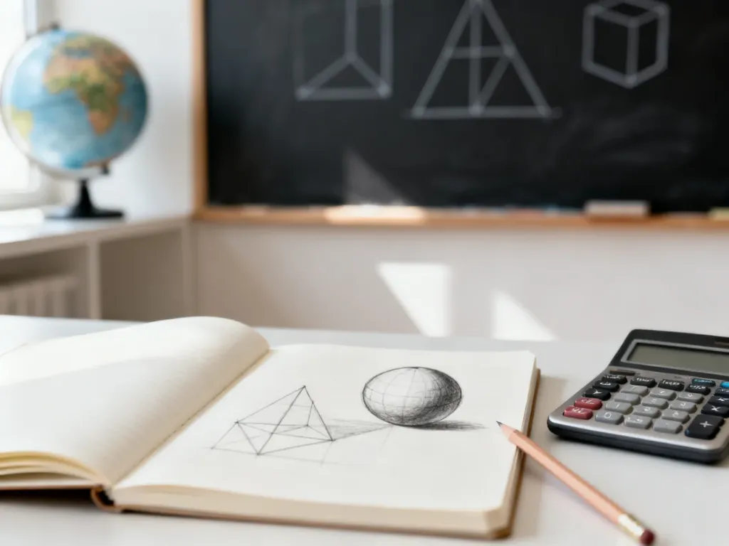 Nowoczesne biurko do nauki geometrii z narysowaną kulą, kalkulatorem i globusem w tle, sprzyjające obliczaniu objętości kuli.