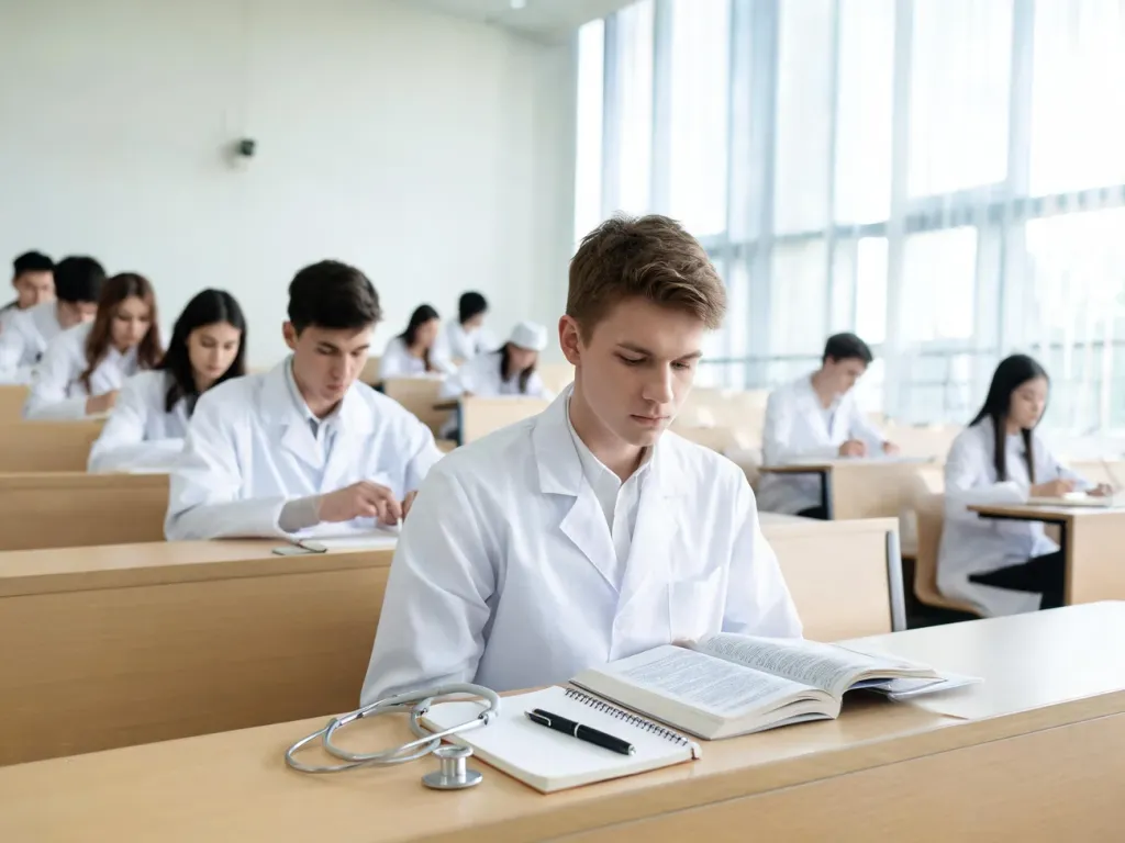 Młody student medycyny w białym fartuchu uczy się w nowoczesnej sali wykładowej, otoczony innymi studentami.