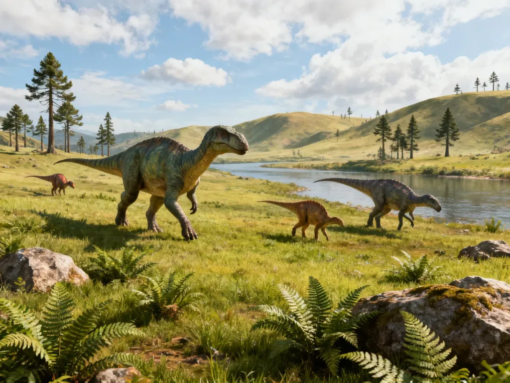 Dinozaury w spokojnym, prehistorycznym krajobrazie z rzeką, wzgórzami i drzewami, ilustrujące erę ich życia.